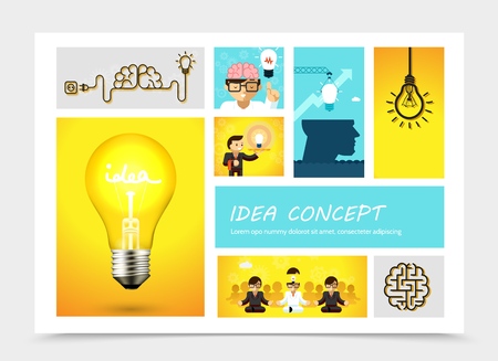 Flat idea colorful composition with lightbulb business people meditating in lotus position hanging bulb brain waiter with creative idea on tray vector illustrationのイラスト素材