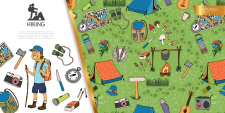 Hand drawn hiking concept with summer camp tourist compass camera backpack guitar thermos binoculars radio mushrooms matches map flowers flashlight vector illustrationのイラスト素材