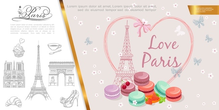 Hand drawn Romantic Paris concept with heart frame colorful macaroons cupcake cup of coffee female shoes croissant and famous sights vector illustrationのイラスト素材
