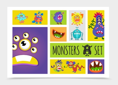 Cartoon cute monsters collection with fluffy angry scary and ugly creatures vector illustrationのイラスト素材