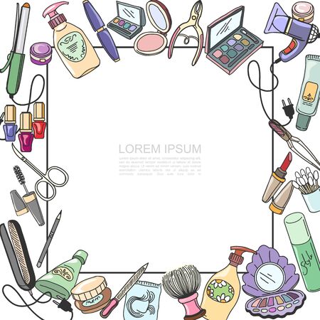 Sketch cosmetic products template with frame for text lipstick brush eyeshadow blusher pencil powder spray moisturizer mascara hairdryer manicure accessories curling iron vector illustrationのイラスト素材