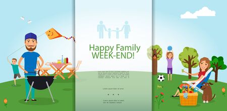 Flat family barbecue party template with father mother son daughter and dog rest outdoors vector illustrationのイラスト素材