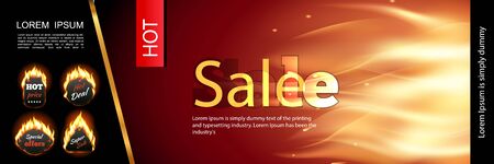 Realistic fire and flame concept with hot fiery sale labels and bright glowing background vector illustrationのイラスト素材