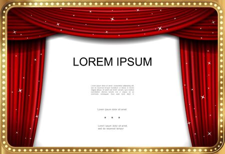 Realistic showtime advertising template with red elegant luxurious curtains in illuminated glowing golden frame vector illustrationのイラスト素材