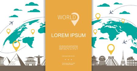 Flat travel and tourism concept with navigation pins on world map flying airplanes silhouettes of famous landmarks and attractions vector illustrationのイラスト素材