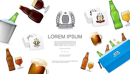 Realistic brewing colorful concept with beer bottles in ice box and bucket glasses full of alcoholic frothy drink and beverage coasters vector illustrationのイラスト素材
