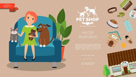 Flat pets care template with girl cat and dog sitting in armchair pets shop collar carrier shampoo bones leash ball kennel feed vector illustrationのイラスト素材