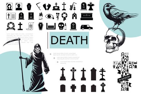 Flat death elements composition with grim reaper cemetery crosses silhouettes crow sitting on skull funeral and burial icons vector illustrationのイラスト素材