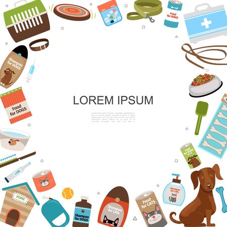 Flat pets shop accessories template with place for text cat and dog food carrier kennel medical box shampoo comb leash collar bones vector illustrationのイラスト素材