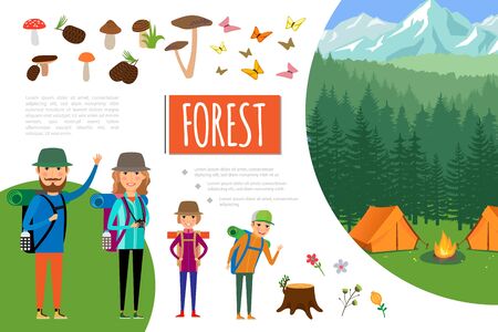 Flat forest adventure composition with family goes hiking camp bonfire mushrooms flowers butterflies vector illustrationのイラスト素材