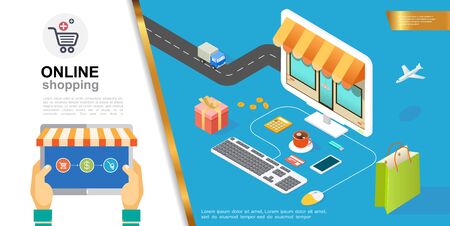 E-commerce colorful concept with man buying goods in online store using tablet and isometric style shop facade in monitor different elements vector illustrationのイラスト素材