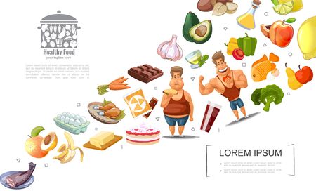 Cartoon healthy lifestyle concept with fat and athletic men fruits vegetables nuts chocolate cakes eggs fish butter tea vector illustrationのイラスト素材