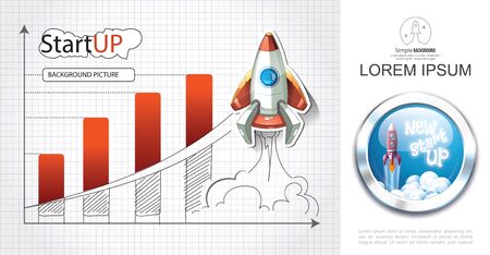 Business start up colorful concept with cartoon rocket launch and bar chart drawing on paper sheet vector illustrationのイラスト素材
