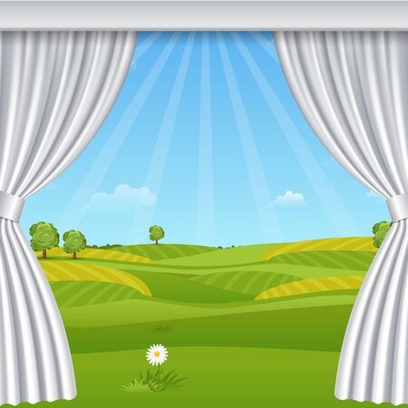 White opened luxurious curtains template with beautiful meadow landscape and sunbeams outside window vector illustrationのイラスト素材
