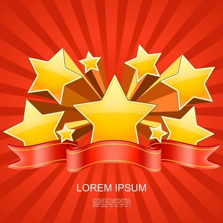 Bright award dynamic template with gold stars and ribbon on comic red radial background vector illustrationのイラスト素材
