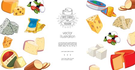 Colorful natural organic cheese template with greek italian swiss and dutch sorts of cheese in cartoon style vector illustrationのイラスト素材