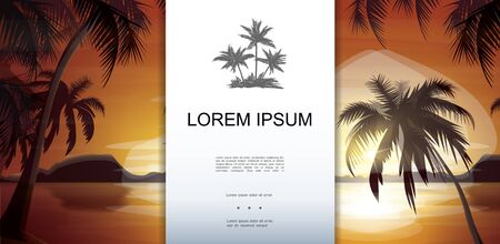 Tropical nature landscape template with palm trees silhouettes on sea and sunset background vector illustrationのイラスト素材