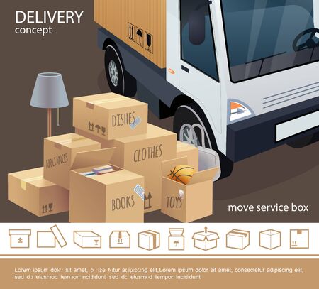 Colorful delivery service concept with truck lamp bag cardboard boxes of various goods and packages linear icons vector illustrationのイラスト素材