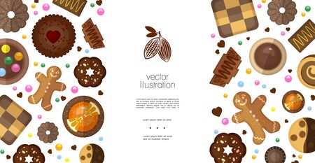 Flat sweet products colorful template with dark press gingerbread chess dipped chocolate cookies cracker and biscuits with fruits nuts vector illustrationのイラスト素材