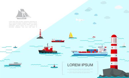 Flat sea transport colorful template with cargo ship vessel yachts ferry boat speedboats buoys lighthouses vector illustrationのイラスト素材