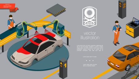 Isometric auto repair center concept with mechanics in uniform cars diagnostic and painting processes vector illustrationのイラスト素材