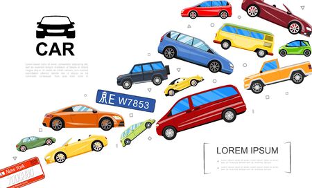 Modern cars template with colorful automobiles of different types in flat style vector illustrationのイラスト素材
