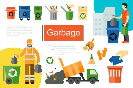 Flat garbage elements composition with recycle bins different kinds of waste products garbage truck sanitation worker and man taking out trash vector illustrationのイラスト素材