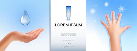 Realistic skincare light template with cosmetic tube of cream female and baby hands water drops snowflakes on blue background vector illustrationのイラスト素材