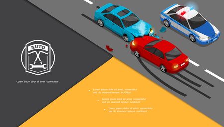 Isometric car accident composition with automobiles collision and police car on road vector illustrationのイラスト素材