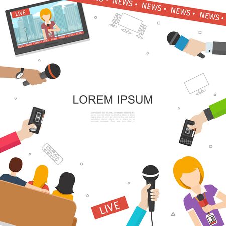 Flat TV news colorful concept with reporter people watching news on television male and female hands holding microphones and dictaphone vector illustrationのイラスト素材