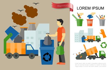 Flat garbage colorful concept with man taking out trash plant building garbage trucks container basket bin recycling sign gloves vector illustrationのイラスト素材
