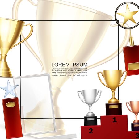 Realistic prizes and awards template with frame for text gold silver bronze cups on pedestal and trophies with stars vector illustrationのイラスト素材