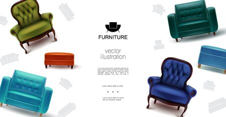 Realistic furniture objects template with soft colorful armchairs chairs and tabourets vector illustrationのイラスト素材