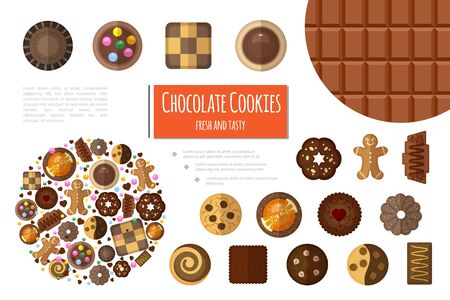 Flat sweet products composition with chocolate bar background and different kinds of chocolate cookies vector illustrationのイラスト素材