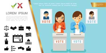 Flat voting process concept with people putting paper ballots into vote boxes and election black icons vector illustrationのイラスト素材