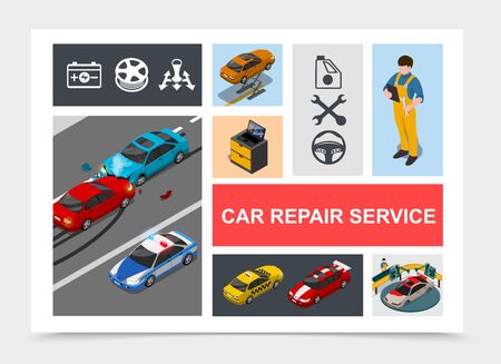 Isometric car repair service composition with accident on road police taxi sports cars mechanics automobile painting process auto icons vector illustrationのイラスト素材