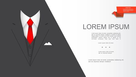 Modern realistic elegant suit composition with black jacket red tie white shirt and handkerchief vector illustrationのイラスト素材