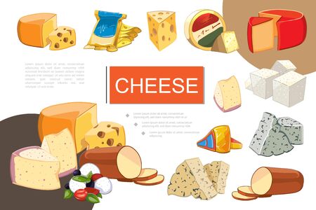 Cartoon cheese colorful composition with mozzarella cheddar gouda feta grano padano raclette maasdam dorblu danablu smoked cheese sorts vector illustrationのイラスト素材