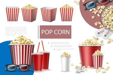 Realistic popcorn elements composition with paper bags and buckets of popcorn soda cups cinema tickets and 3d glasses vector illustrationのイラスト素材