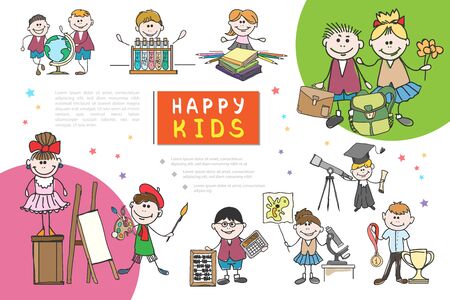 Hand drawn kids composition with happy children engaged in painting dancing accounting biology chemistry geography astronomy sports hobbies vector illustrationのイラスト素材