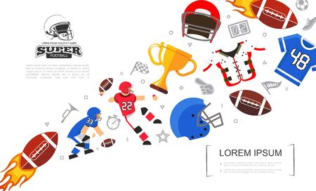 Flat colorful rugby template with players shirt helmets armor cup american football balls and soccer icons vector illustrationのイラスト素材