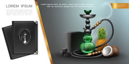 Realistic hookah lounge elements concept with shisha charcoal box and cubes pineapple coconut menu...