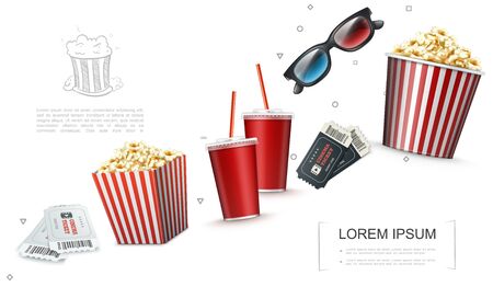 Realistic cinema elements template with tickets 3d glasses soda cups striped bag and bucket full of popcorn vector illustrationのイラスト素材
