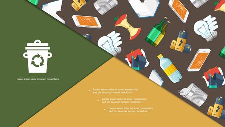 Flat garbage and trash composition with metal plastic paper electronic organic batteries glass waste products vector illustrationのイラスト素材