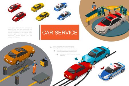 Isometric garage service composition with automobiles repairing and painting processes auto mechanics sports taxi police cars and accident vector illustrationのイラスト素材