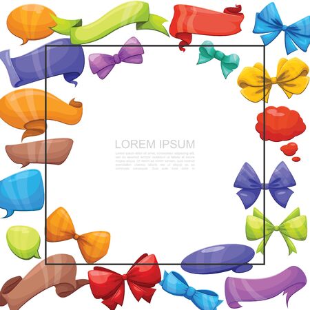 Cartoon colorful decorative elements template with frame for text and elegant blank ribbons banners bows speech bubbles vector illustrationのイラスト素材