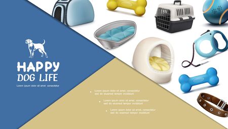 Realistic dog accessories composition with carriers collar leash bones ball and pet houses vector illustrationのイラスト素材