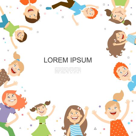 Funny smiling kids template with place for text and cute happy boys and girls in flat style vector illustrationのイラスト素材