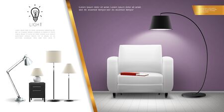 Realistic home lighting equipment concept with armchair shining floor and table lamps vector illustrationのイラスト素材