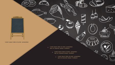 Hand drawn restaurant menu elements composition with menu announcement board meat lobster pizza desserts apple eggplant sushi rolls bread cheese fish omelette vector illustrationのイラスト素材